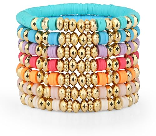 Sahoottie Bunte Stapelbares Freundschaftsarmbänder Set für Damen Bohemian Stil Surferarmband Damen Polymer Clay Perlen Armbänder Sommer Strand Schmuck Set 7 Stück