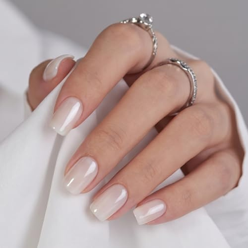 UNA GELLA Press On Nails Short Square Chrome White Press Ons Kit 32 Pcs | Chrome Pearl White Soft Gel Nails with Nail Tips Glue on Nails, Nude White Reusable Fake Nails Kit 16 Sizes