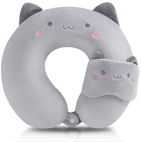 WoRuyKot 2 pcs Oreiller en Forme De u De Dessin Animé, Coussin de Voyage en Peluche, Oreiller De Voyage Animalier, Convient pour Les Voyages, Les Avions, Les Bureaux Et Les Maisons (Chat Gris)