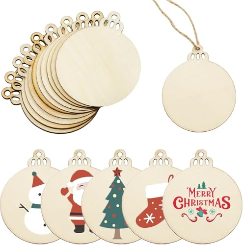ZWLIYCHN Holzanhänger Weihnachten set 60 Stück, Weihnachtsanhänger Holzanhänger zum Bemalen Lackierbar， Basteln Kinder mit Hanfseil, Weihnachtskugeln Holz Aufhängen für DIY Anhänger Dekoration