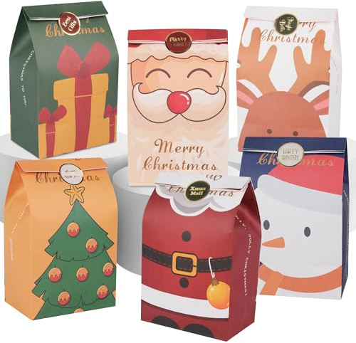24 Stück Papiertüten Weihnachten Weihnachtstüten zum Befüllen Tüten Weihnachten Klein Papier Geschenktüten Weihnachts Tüten Kinder mit 24 Stück Aufklebern 27 x 15 x 9.7 cm