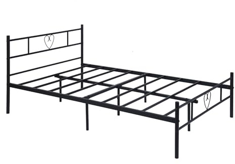 Double Bed Kleines Doppelbett Metallbett Bettrahmen Bettgestell für 120x190CM Matratze, Metall Bodenbett Schlafzimmer Bett mit Kopfteil Geeignet für Gästebett Jugendbett Seniorenbetten/Schwarz/Stil B