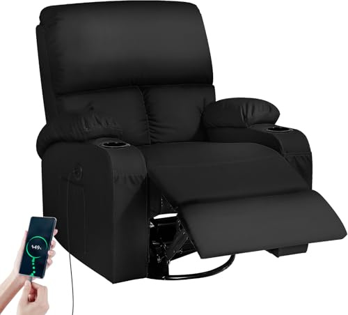 Schaukelstuhl mit Relaxfunktion, Massagesessel mit Vibration und Wärme, USB- und Type-C-Anschlüsse, 360° drehbare Kunstledersessel, Wohnzimmer, Schlafzimmer, Kinderzimmer, Wohnmobil, Schwarz