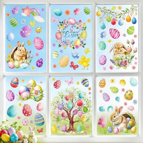 LERKNVOE Fensterbilder Ostern,9 Blätter Oster Fensterbilder Selbstklebend Fensterbild Wiederverwendbar mit Hasen Ostereier,Ostern Fenstersticker Kinder für Kinderzimmer Fenster Osterdeko