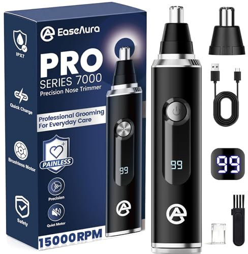 EaseAura® Tondeuse Nez Oreilles Homme & Femme, Rasoir Nezs Rechargeable, Coupe Poils Nez et Oreilles, Tondeuse Poil de Nez Tête Arrondie, Épilateur Nez Précision, LED Display, IPX7