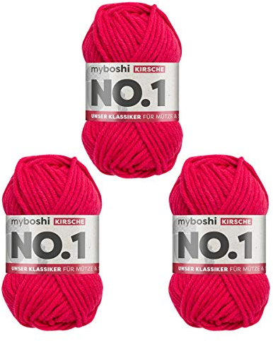 myboshi No.1 Wolle zum Häkeln und Stricken, Schnellstrickgarn, langlebige Mützenwolle, Strickwolle, Häkelwolle, mulesing-frei, 50g, Ll 55m Rot (Kirsche) 3 Knäuel