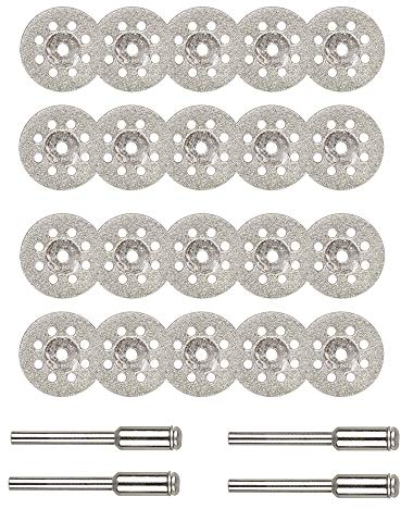 Saipor 20pcs 22mm Diamond Cutting Wheel Off Discs with 4 Pcs 3mm Mandrel for Dremel Rotary Tool Precious Stones, Jade,Marble, Ceramics Cutting, 2 Pairs