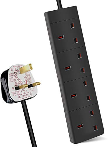 ExtraStar 4 Way Extension Lead, 13A Fused UK Plug Adapter, 3 Metre Extension Cable Power Strip - Black