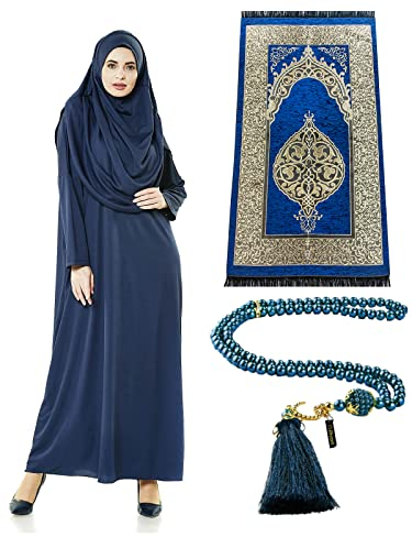 Muslim-Kleider für Frauen, One-Piece-Langarm Hijab Abaya in voller Länge islamisches Gebet Dress & Marine-Blau-islamische Gebetsteppich & Gebetskette, Dunkelblau, Standart Größen: 2-12 (XS-XXL)