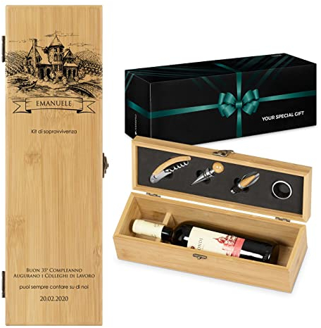 Maverton Cofanetto Porta Vino Amore Completo di Accessori - Set Cavatappi da Vino Personalizzato - Scatola in Legno di bambù + 4 Pezzi di Accessori Vino - Regalo Uomo - Kit