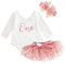 1 Geburtstag Mädchen Outfit Blumen Spitze Langarm Strampler Body+Tütü Tüllrock+Bowknot Stirnband 3tlg Bekleidungssets Erster Geburtstag Party Babykleidung Baby Fotoshooting Bohnenrosa 12-18 Monate
