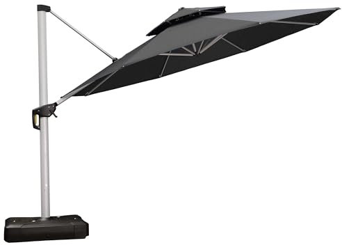 PURPLE LEAF Parasol Déporté Inclinable 3,65 m Rond, Parasol De Jardin Extérieur Toit à Double Rotatif 360°, Parasol Terrasse Extérieur Luxueux, Gris acier