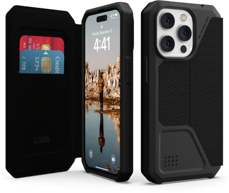 URBAN ARMOR GEAR UAG Designed for iPhone 14 Pro Case Kevlar Black 6.1 Metropolis Folio Flip Wallet Rugged Protective Cover with Card Holder Compatible with Wireless Charging