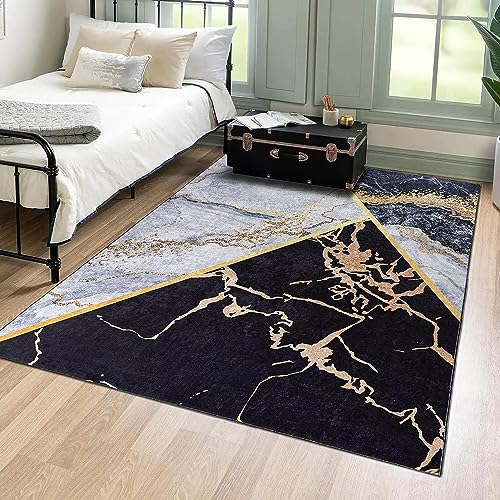 Mazovia Modern Teppich - Kurzflor Waschbar - Weich Teppich für Wohnzimmer, Schlafzimmer, Esszimmer – Teppiche Marmor Abstrakt Muster - Schwarz Grau Gold 80 x 150 cm