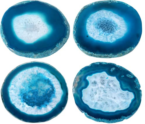 Lot de 4 dessous de verre en agate naturelle pour décoration de table basse, 8,9 à 10,2 cm, pierre cristalline, tranches d'agate, porte-gobelets pour maison, bureau, pendaison de crémaillère (bleu)