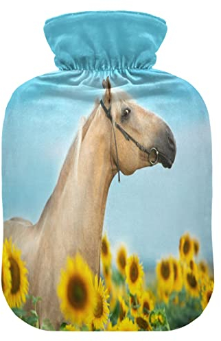 Pferd Sonnenblumen Sonnenuntergang Wärmflasche mit Abdeckung Wärmflaschen zur Schmerzlinderung Wasser Heizkissen Heiztasche für Arthritis, 1L
