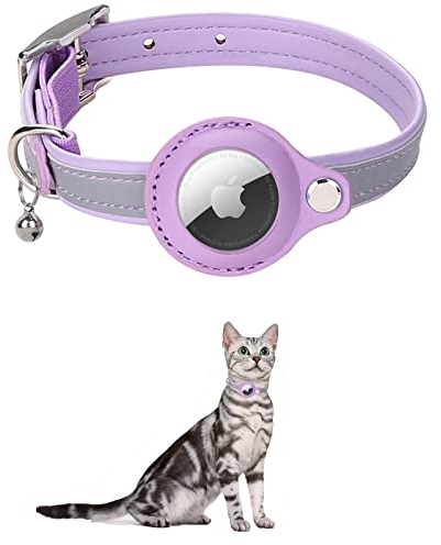KOCNYDEY Leder reflektierende AirTag Katze Halsband, Anti-Lost Katze Halsband mit Einstellbarer Halterung & Bell integriert Apple Air Tag Katzenhalsband für Katzen kleine Hunde (Lila)