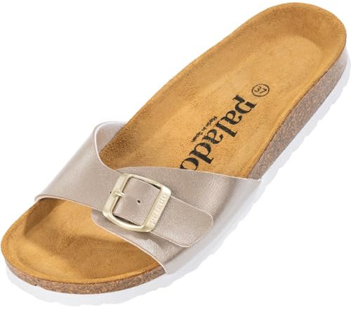 Palado Pantoletten Damen Malta Metallic – gefertigt in Spanien – weiche Veloursleder-Decksohle – robuste EVA-Sohle – edles Metallic-Design Beige/Weiß UK6 - EU39