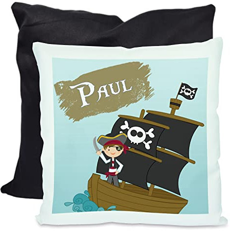 CreaDesign, Kinder Kissen 40x40 cm personalisiert mit Namen, Kinderzimmer Deko Kissen Kinder mit Füllung Federn, Motiv Pirat, Rückenfarbe Schwarz
