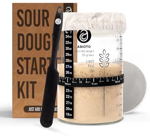 Sauerteig-Starter-Set mit 34 Unzen Glas – Extra Thermometer-Streifen und atmungsaktive Abdeckungen im Sauerteig-Starter-Set enthalten – Ein perfektes Sauerteigbrot-Starter-Set für Anfänger bis Experte