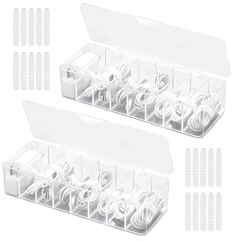 Anevios 2 Stück Kabel Aufbewahrungsbox mit Deckel Transparenter mit 8 Fächer und 20 Kabelbindern Kabelmanagement Organizer Box für Schreibtisch Büro Desktop Organisieren und aufbewahren(26×9,5×5,5cm)