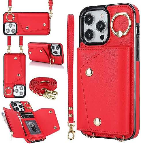 PRIVHOM Crossbody Case for iPhone 15 Cover,Leather Crossbody Wallet Phone Case with Adjustable Removable Lanyard Strap,Cord Lanyard Shockproof Protective Case Red