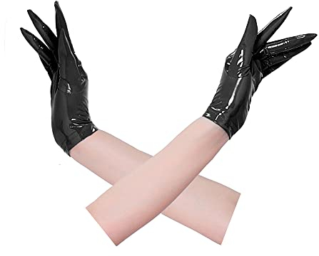 YUDATPG Damen-Lederhandschuhe, Kunstleder, Wet-Look, Abendkostüm, Party, Cosplay, Flapper, Opera, Punk, Gothic, kurze Handgelenklänge, Schwarz , 42