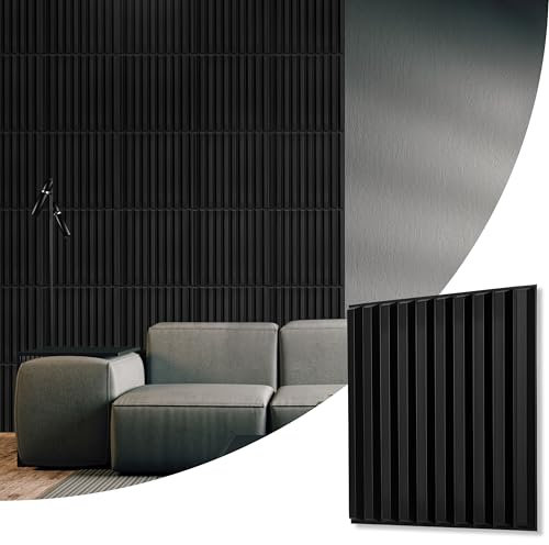 NOVECRAFTO Fluted Line Effect 3D Wall Panels - Pack of 20 Sheets 53.82 sq ft (5 sqm) - Decorative Cladding Panel Size 19.6x19.6 (50x50cm) - PVC Wall Panelling Fluted Line Design in Matte Black
