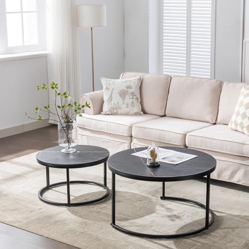 homeguru Satztisch mit 2 Set Couchtisch aus Holz, Moderne Kaffeetische 2er Set, Couch Beistelltisch mit Schwarz-Gold Marmor, Runder Sofatisch Wohnzimmer Tisch Riess Ambiente, Dunkel Schwarz