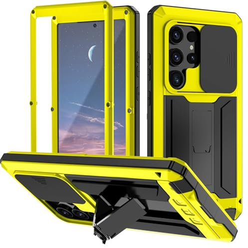Miimall for Samsung Galaxy S24 Ultra Case, [Slidable Camera Lens Cover] [Kickstand] [Metal Bumper & Silicone] Rugged Heavy Duty Shockproof Protective Cover for Galaxy S24 Ultra-Yellow