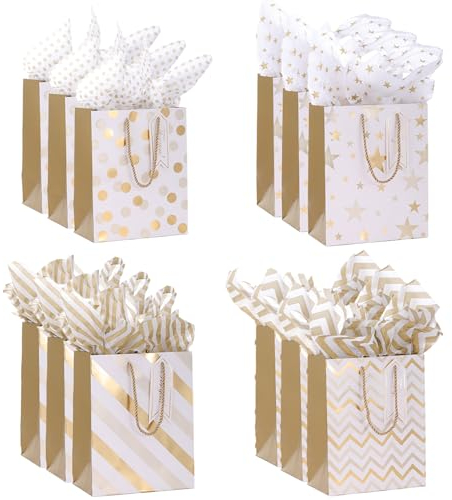 Gift Bags Medium Size with Tissue Paper,12pcs 9 White Gold Wrap Paper Gift Bags with Handles for Shopping Party Wedding Baby Shower Holiday Presents (12)