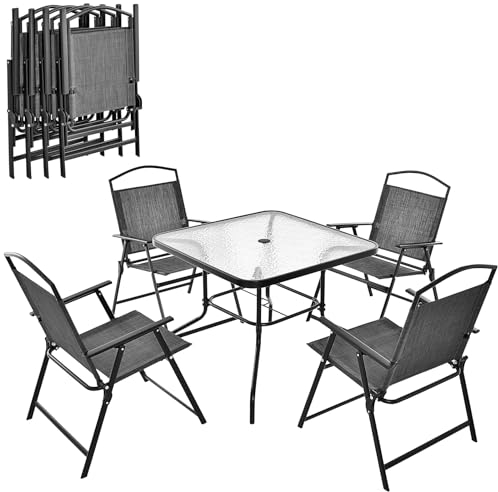 KOMFOTTEU Set da Bistrò in Tessuto Textilene, Set da Giardino in 5 Pezzi, Tavolo con Foro da Ombrello Portato 50 kg, Sedie Pieghevoli Portate 150 kg, Set Tavolo e Sedie da Esterno, Grigio