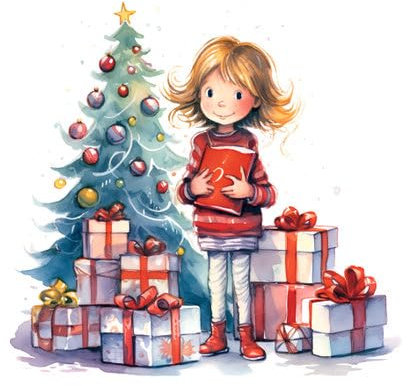 adrium Acryl-Bild 40 x 40 cm: Kleines Mädchen mit Geschenkboxen und Weihnachtsbaum. Aquarellillustration (211494888)