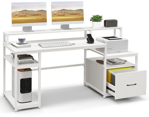 COSTWAY 168CM Home Office Computer Desk, Wooden Study Table Writing Workstation with Monitor Stand, Printer Cabinet, CPU Stand & File Drawer, Modern PC Laptop Table Gaming Desk
