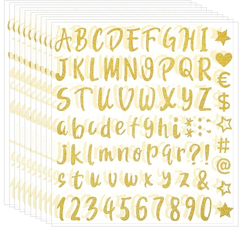 Molain 10 Blätter Glitzer Buchstaben Aufkleber, Wasserfeste Alphabet Aufkleber Selbstklebenden Buchstaben und Zahlen Sticker für Hochzeit Geburtstag Briefkasten DIY Scrapbooking(Gold)