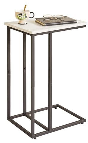 Aibiju Beistelltisch C Form, Beistelltische Wohnzimmertisch mit Metallgestell für Wohnzimmer, Schlafzimmer, kleine Räume, Weißes Marmormuster Holzbretter und schwarzer Metallrahmen,YD-TM051B