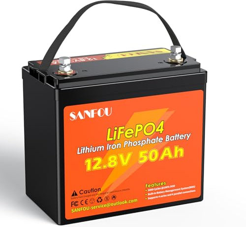 SANFOU Batterie LiFePO4 12,8V 50Ah, Batterie Lithium 640Wh avec BMS 50A, Batterie à Cycle Profond 5000-15000 fois, Supporte 4S4P, Parfaite comme source d'énergie pour Camping en Camping-car