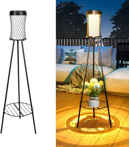 KEAOOD Solar Floor Lamps Outdoor Patio Decor, 38 Waterproof Outdoor Solar Lights with Plant Stand, Solar Powered Lamp with Flower Shelf for Outside Garden Deck Porch Decor (1 Pack)