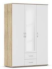 Rauch Möbel Twin, Drehtürenschrank, Kleiderschrank, Garderobe, Schrank mit Stauraum, 3-türig, 1 Spiegeltüre, 2 Schubladen, Spiegel-Glas teilaufgelegt, Farbe Weiß-Eiche Sonoma, Holz, 127x188x52cm