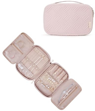 bagsmart Medium Travel Jewellery Organiser Box Foldable Jewelry Case, Jewelry Storage Bag for Journey-Rings, Necklaces, Bracelets, Earrings (Pink)