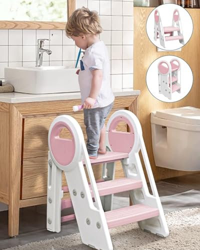 Kinder-Tritthocker aus Kunststoff, Kleinkind-Tritthocker für Kinder, dreistufiger Stehturm für Küche/Badezimmer/Toilette, Töpfchentraining, Lernhilfe mit Griffen und rutschfesten Sicherheitspads