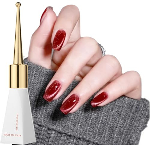 Cat Eye Red Gel Nail Polish, Magnetic Glitter Gel Nail Polish, Sparkling Shimmer Jelly Dark Red Long Lasting Holographic Nail Varnish, Soak off UV/LED Lamp Nail Art Manicure Salon DIY for Women