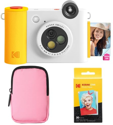 KODAK Smile+ 2-in-1 Digitale Sofortbildkamera & Bluetooth Fotodrucker Starterpaket + Weiche Tasche + Zink 20 Blatt - Weiß