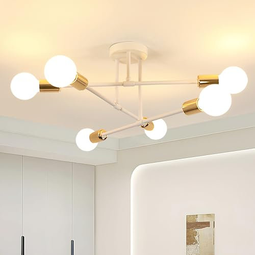 Toolight Industrielle Deckenlampe E27, 6-Flammig Metall Deckenleuchte Vintage, Einstellbar Kronleuchter Weiß und Gold Pendelleuchte für Schlafzimmer Wohnzimmer Küche, Ø52cm (ohne Glühbirne)