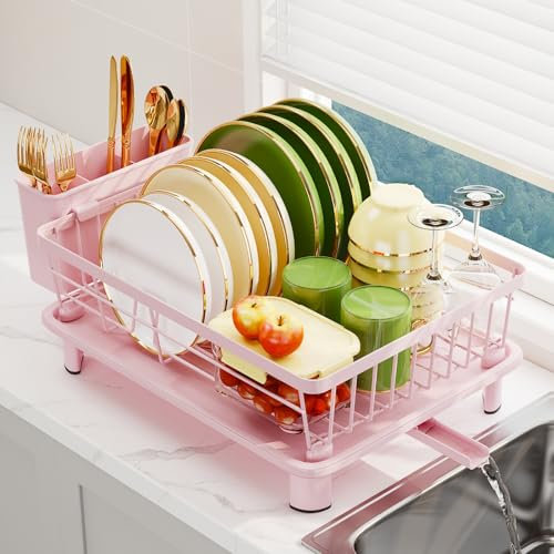 Escurreplatos con bandeja de goteo, escurridor de platos para fregadero con boquilla de drenaje giratoria de 360°, escurridor de platos de acero inoxidable con tazas, utensilios y soportes para tabla