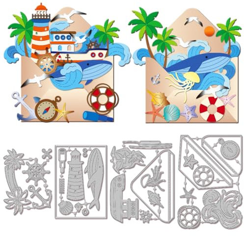 GLOBLELAND Strand Leuchtturm Papierpräge Stanzschablonen Set Sommer Umschlag Handwerk Stanzmaschine Schablonen Fische Leuchtturm Metall Stanzschablone Set für Kartenherstellung Papier Handgefertigtes