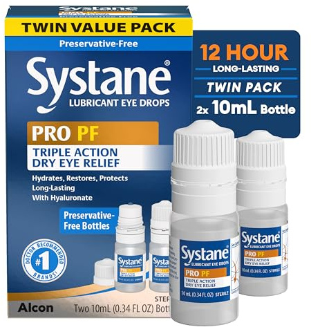 Systane PRO PF Lubricating Eye Drops for Dry Eyes, 2 x 10 mL, Preservative Free with Hyaluronate, Triple-Action Formula to Hydrate, Restore & Protect, Multi-Dose Bottle