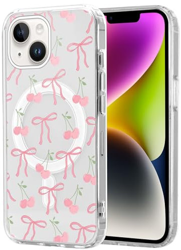Phoona Magnetic Bow Case for iPhone 14 6,1, Compatible with Magsafe Cute Girls Preppy Design, Clear Cherry Aesthetic Pattern Silicone Women Protective Cover for iPhone 14, Pink