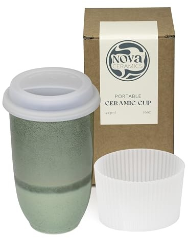 NOVA CERAMICS Travel Mug On The Go Coffee Tumbler Microwave & Dishwasher Safe Green Tumbler - Gifts for Women Men Him Her 475ml Emerald