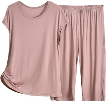 Pigiama estivo da donna in cotone, set pigiama da donna a maniche corte, gamba larga, pantaloni da salotto taglia 12-14 pantaloncini e maglietta pigiama in cotone taglia 12, cachi, 5XL
